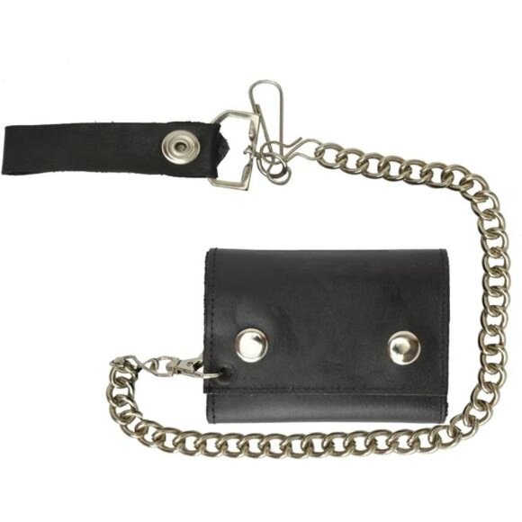Men's Black Genuine Leather Trifold Wallet with Chain Skull